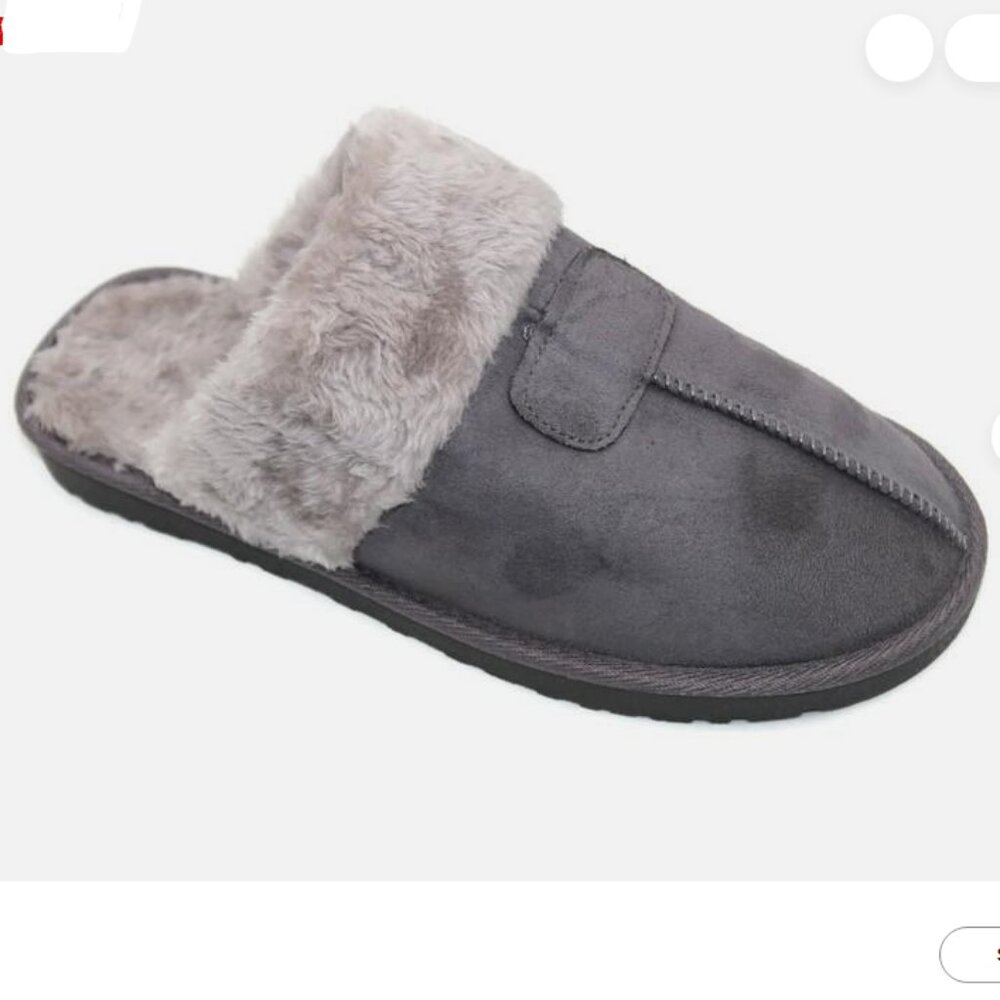 Faux Suede Faux Fur-Lined Mule Slippers in Charcoal Gray.